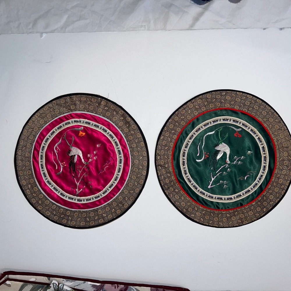 Vintage‎ Dun Huang Beijing Silk Embroidery Crane Rounds Set of 2 Green Magenta